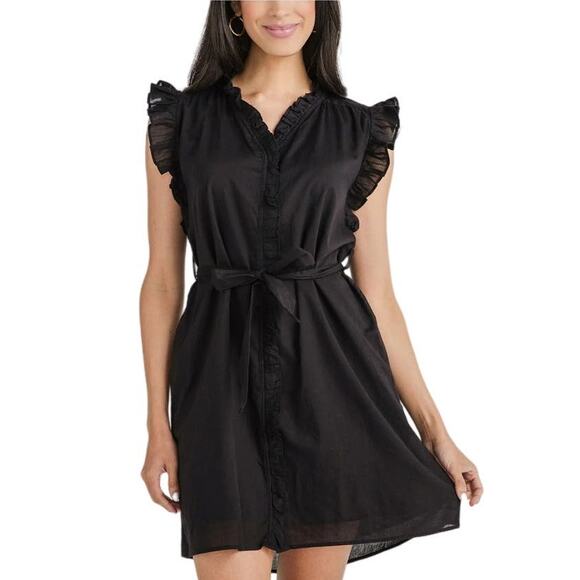 Elan Black Ruffle Sleeve Dress Button Up With Belt Large NWT - Picture 7 of 10